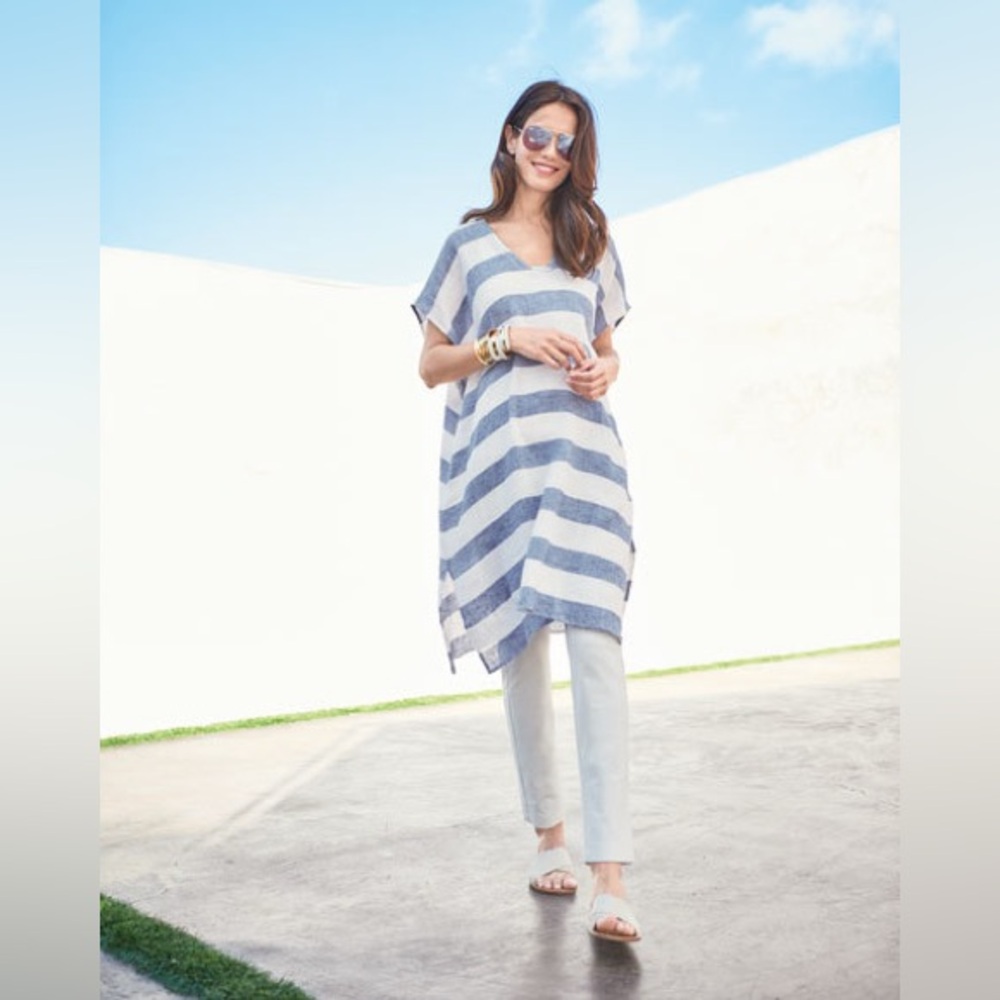 Eileen Fisher Chambray Stripes Linen Tunic Ponchoā Dress.